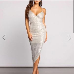 Silver Sequin Asymmetrical Midi Dress